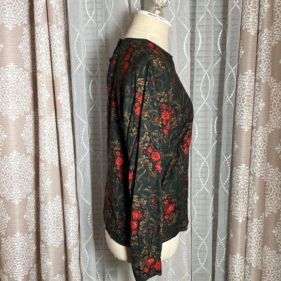 Talbots Petites Blouse Size 4P - Dark Green w/ Red Roses & Gold Scrolling - Picture 5 of 9